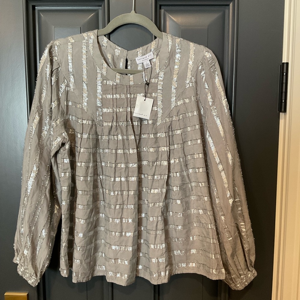 Current Air Silver Striped Long Sleeve Blouse Size L